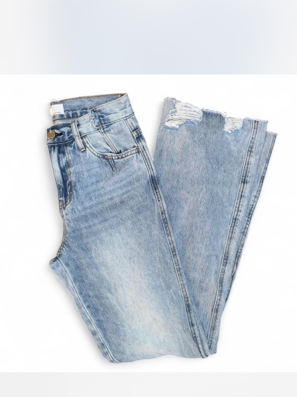 Bayeas 24 00 XS Light Wash High Rise Jeans Bootcut Straight Raw Hem Distressed